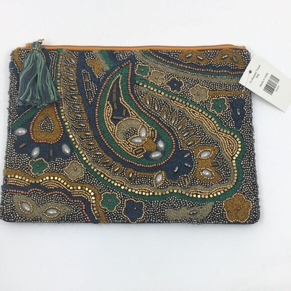 NWT Beaded Boho Paisley Embellished Clutch Pouch - Picture 1 of 15